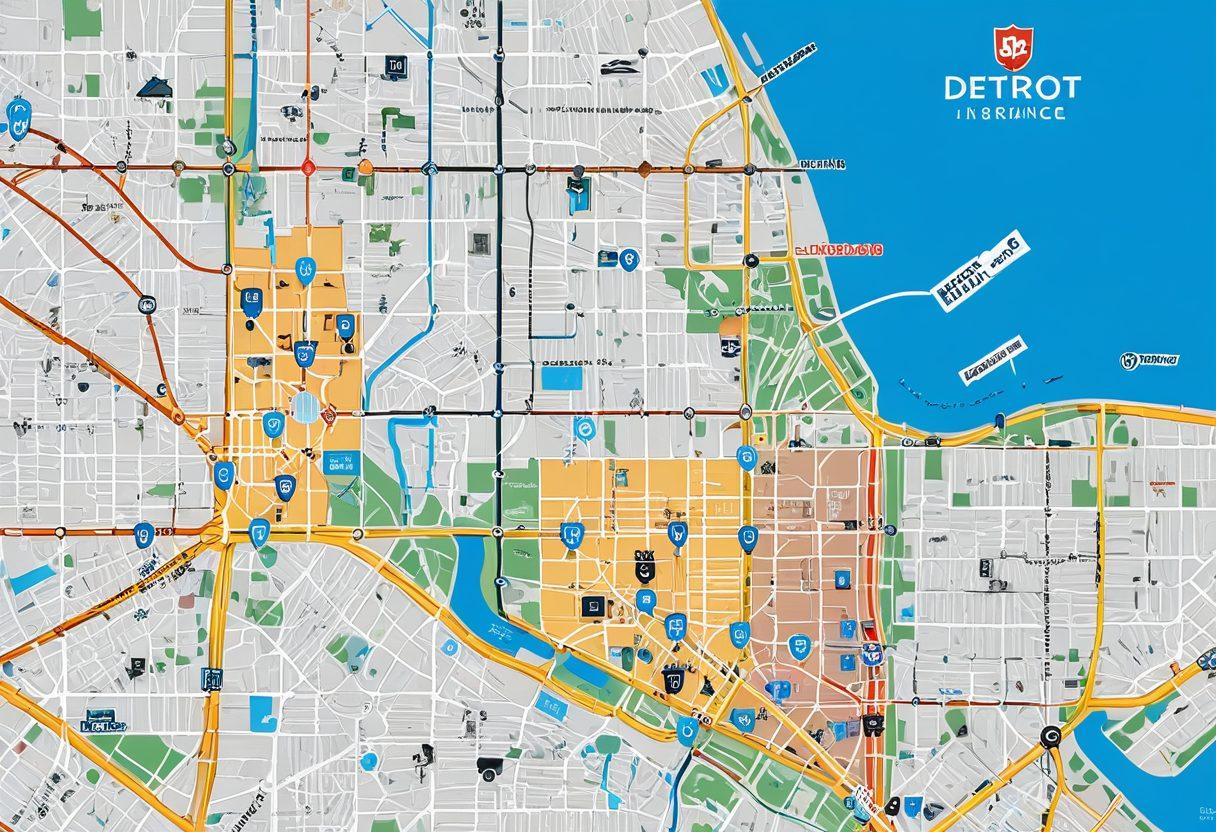 A detailed map of Detroit featuring various insurance agency locations, with dollar signs and shields symbolizing affordable coverage scattered across the neighborhoods. Include diverse individuals interacting with local providers in a friendly atmosphere, showcasing community engagement. Bright colors depicting a sunny day, and elements of iconic Detroit landmarks in the background. super-realistic. vibrant colors.