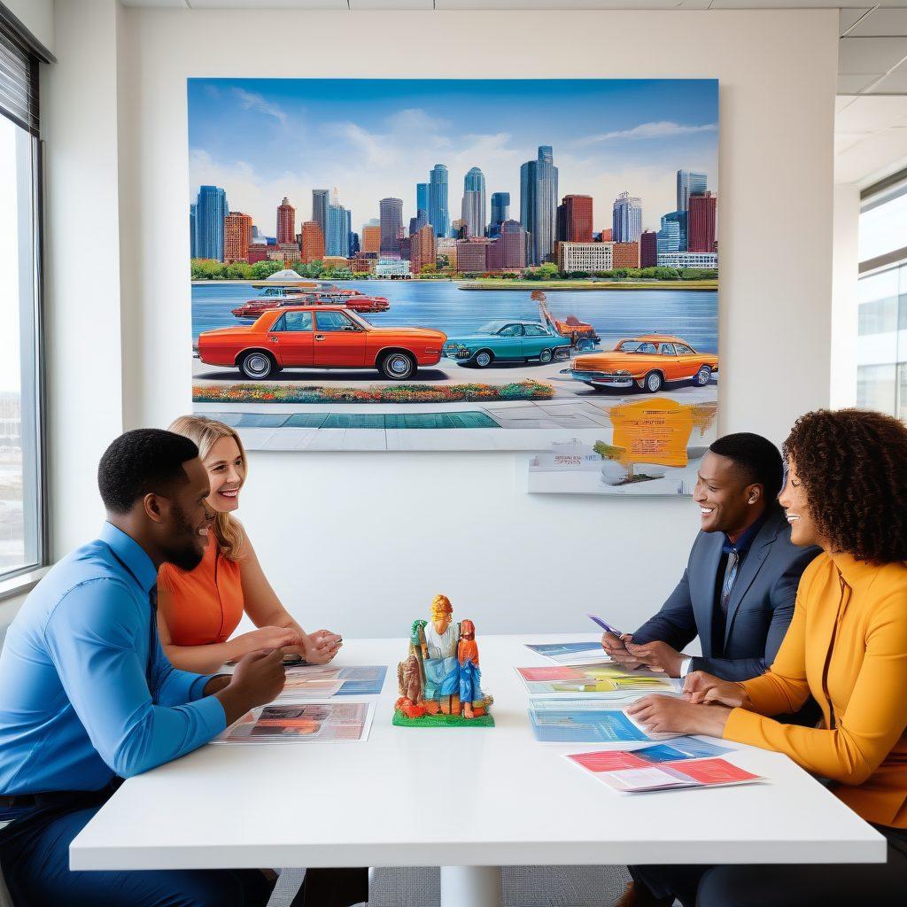 A friendly local Detroit insurance agent talking with a diverse group of clients in a bright office, showcasing colorful insurance brochures on the table. The backdrop features iconic Detroit landmarks and a warm, welcoming atmosphere. Highlight various insurance themes like health, auto, and home with visual cues. super-realistic. vibrant colors. white background.