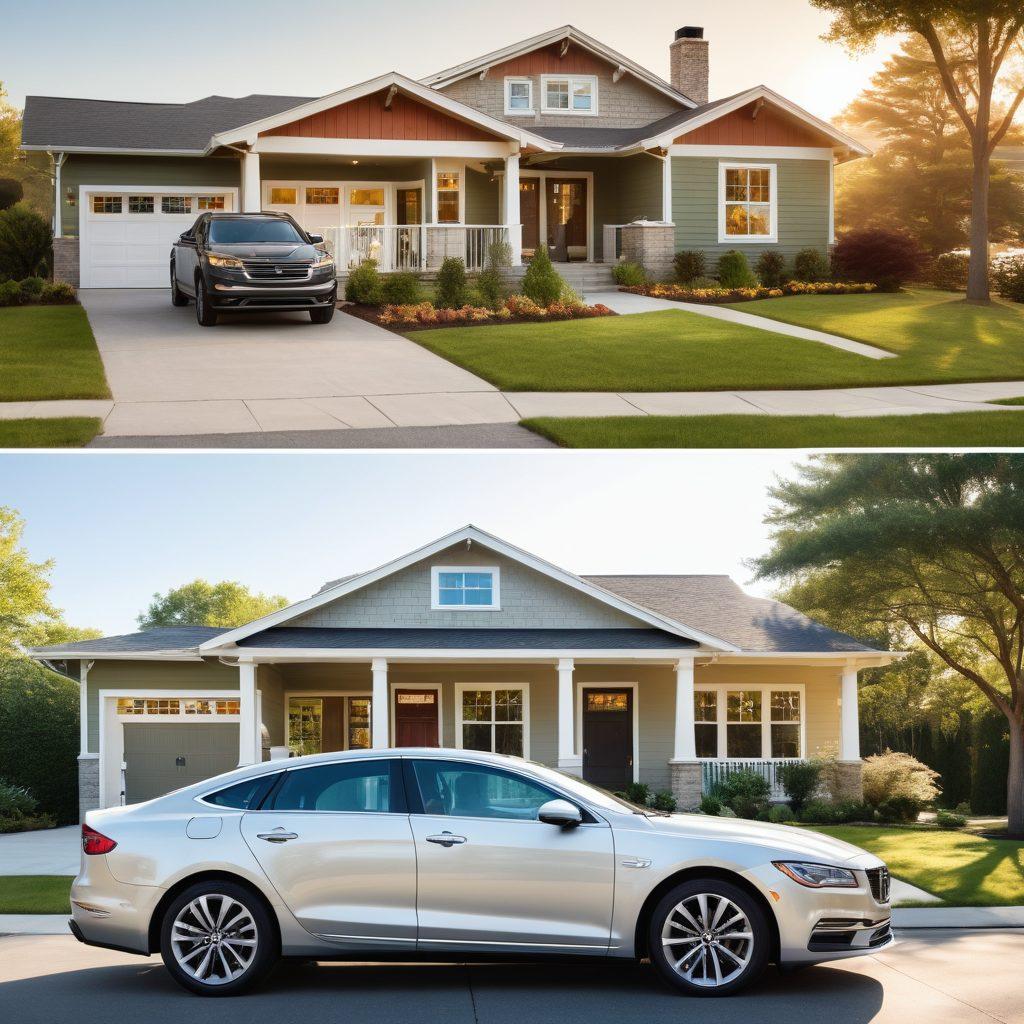 A split image showcasing a sleek car on one side and a cozy home on the other, symbolizing auto and home insurance. Include visual elements like dollar signs to represent budgets and a magnifying glass to indicate finding the right policies. The background should be bright and inviting, with a blend of warm and cool colors to depict comfort and security. super-realistic. vibrant colors. soft gradient background.